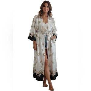 DENTELLE Silky Printed Robe Fine Luxury Belted Full Length Ivory Floral Black N…